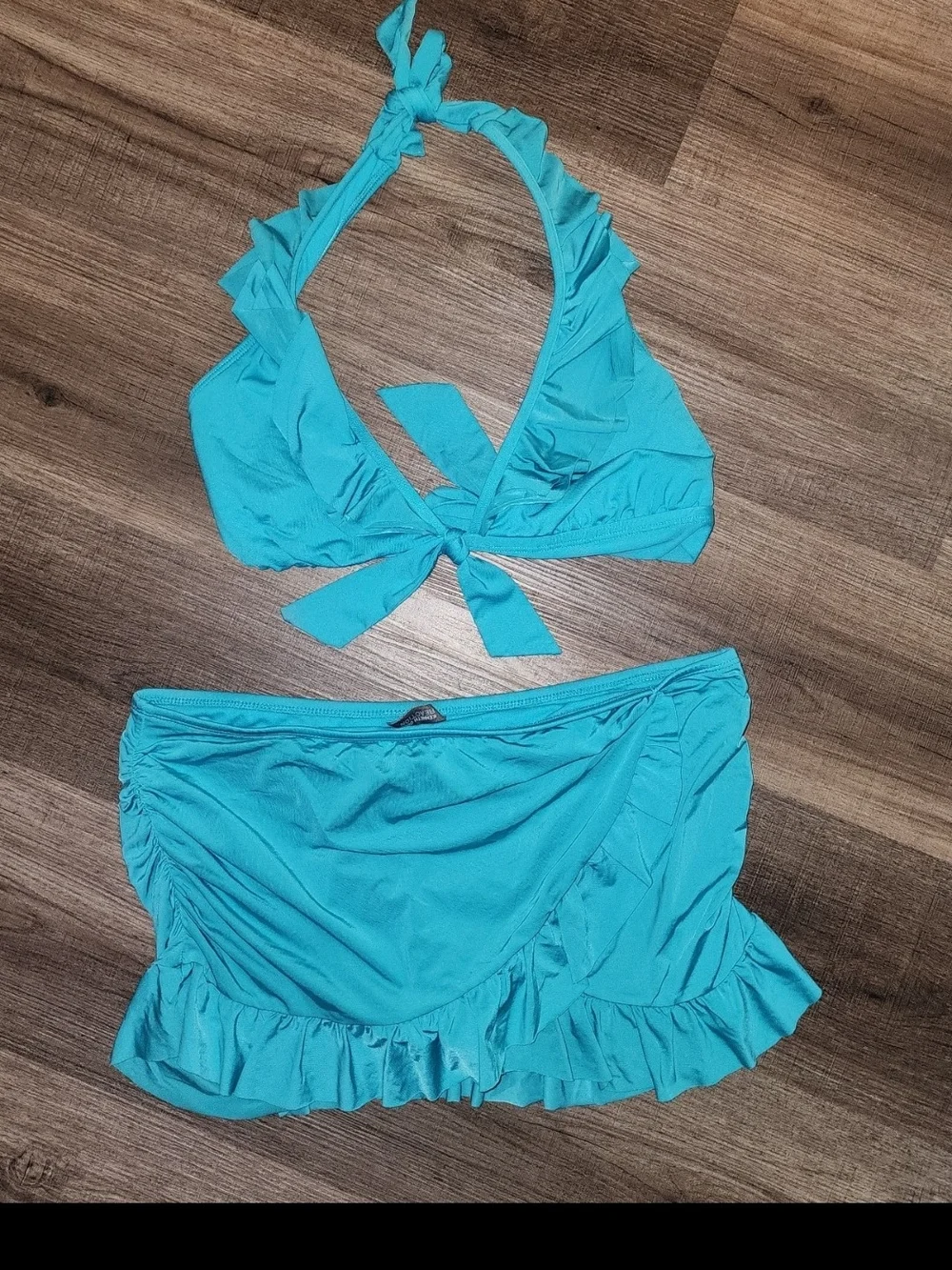 Turquoise Ruffle Tie Front Halter Bikini Top Swimsuit Large